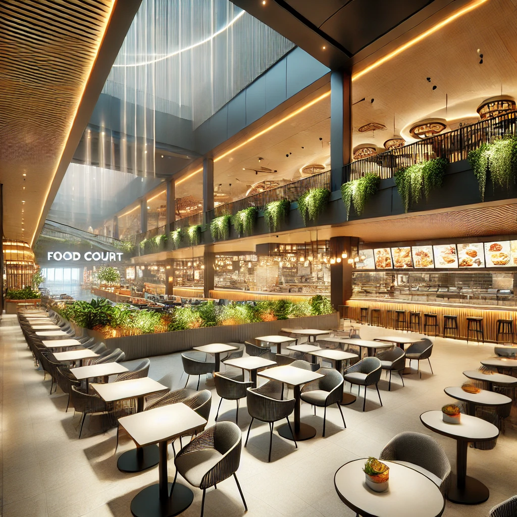 DALL·E 2025-01-21 21.29.43 - A detailed view of the food court area inside the Urban Nexus commercial center. The food court features modern seating arrangements with sleek tables