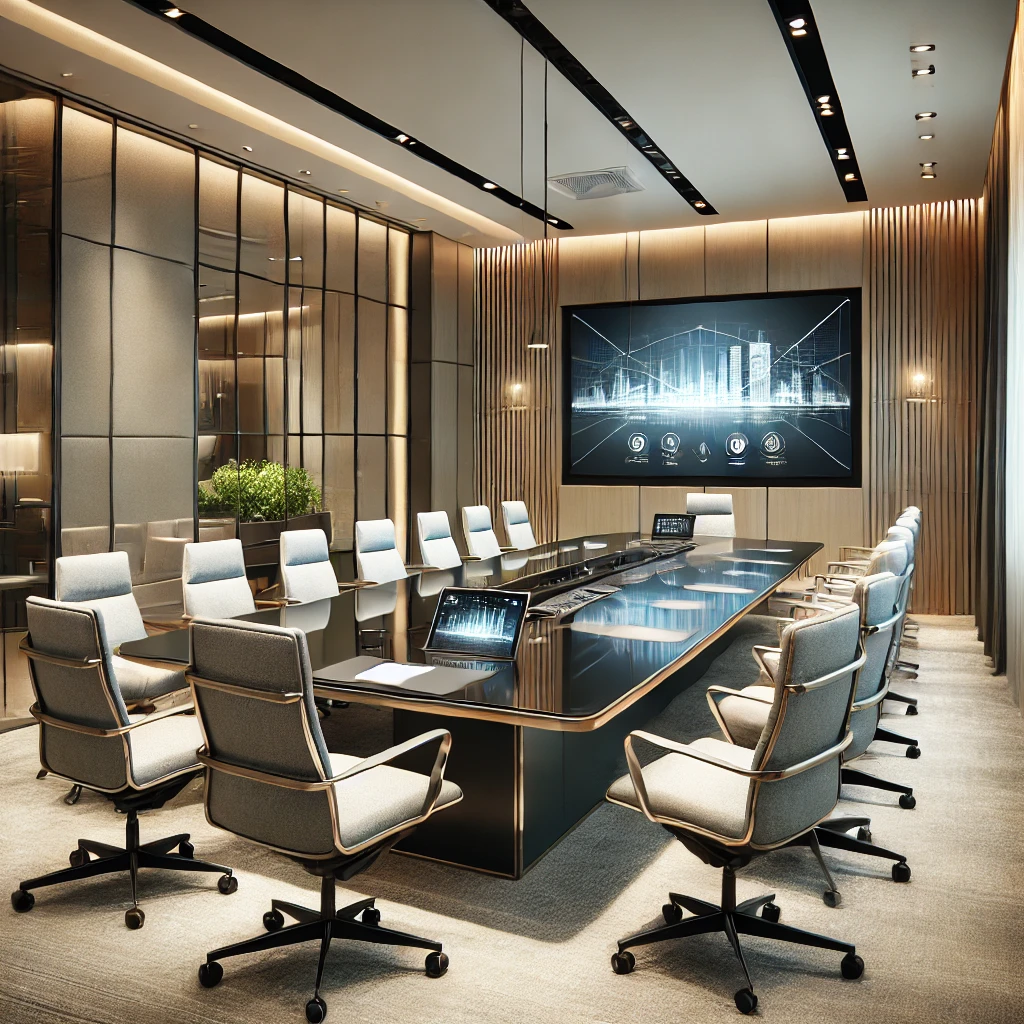 DALL·E 2025-01-21 21.30.03 - A detailed view of a modern meeting room in the Urban Nexus commercial center. The room features a sleek glass conference table, ergonomic chairs, a l