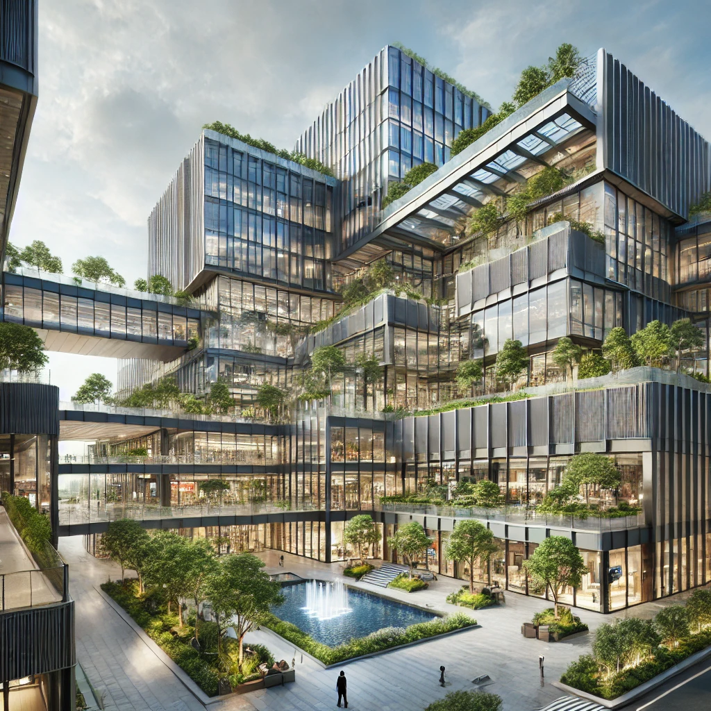 DALL·E 2025-02-18 20.22.30 - A large and modern commercial center named _Urban Nexus._ The building features a striking glass facade, geometric architecture, and multiple levels w