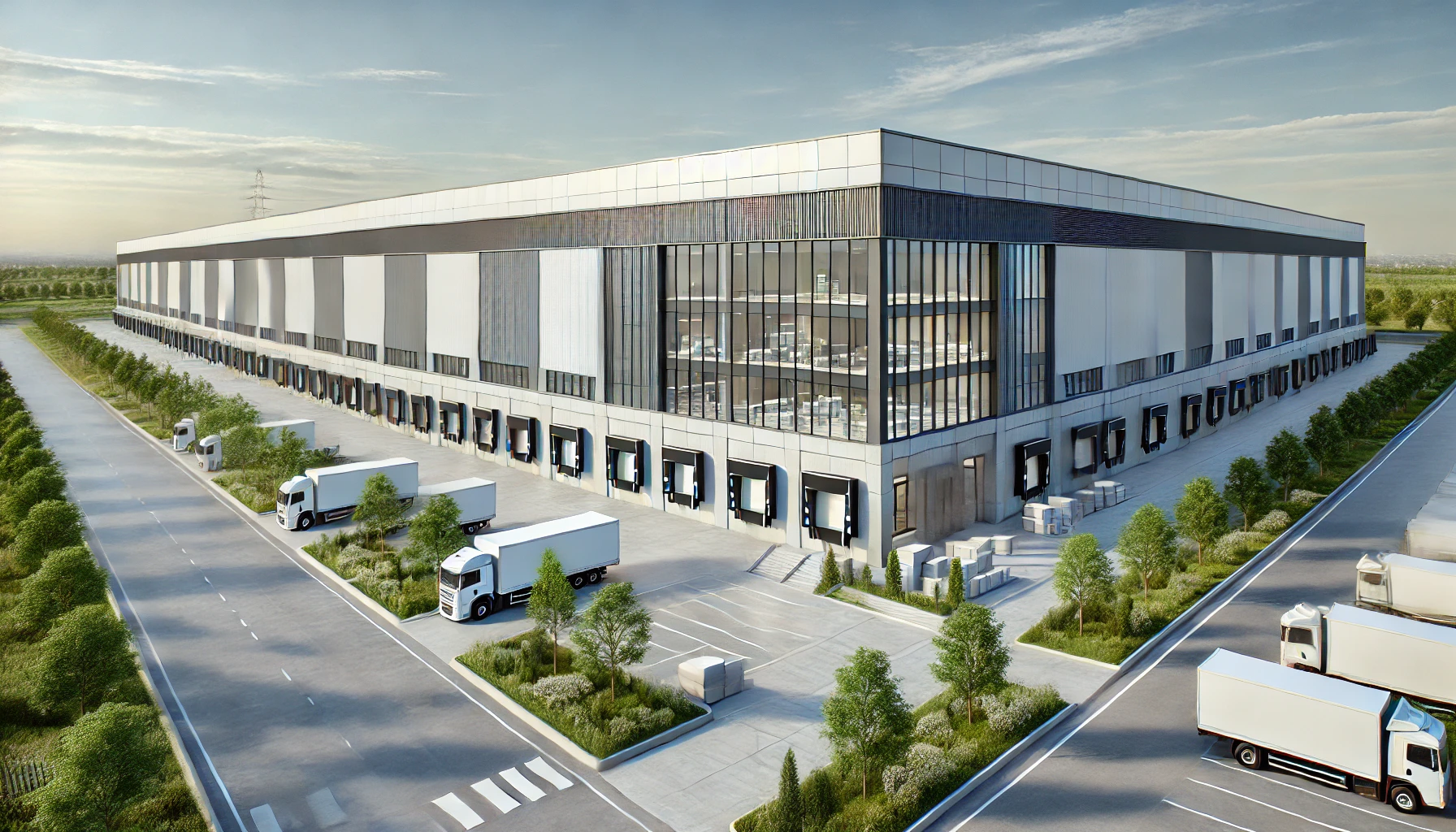 DALL·E 2025-02-18 20.35.47 - A modern industrial facility with a clean architectural design. The exterior features a combination of concrete, glass, and metal panels, with large l