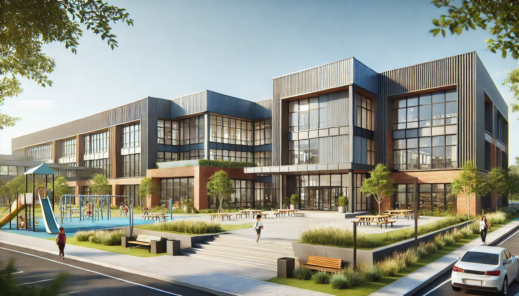 DALL·E 2025-02-18 20.36.07 - A modern educational institution with a contemporary design. The school building has large glass windows, a spacious entrance, and a welcoming courtya