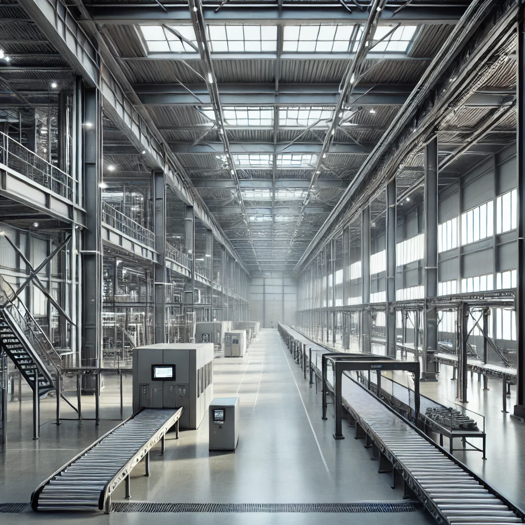 DALL·E 2025-02-18 20.36.15 - An industrial facility interior with a clean and modern design. The space is well-lit, featuring large metal beams, polished concrete floors, and high