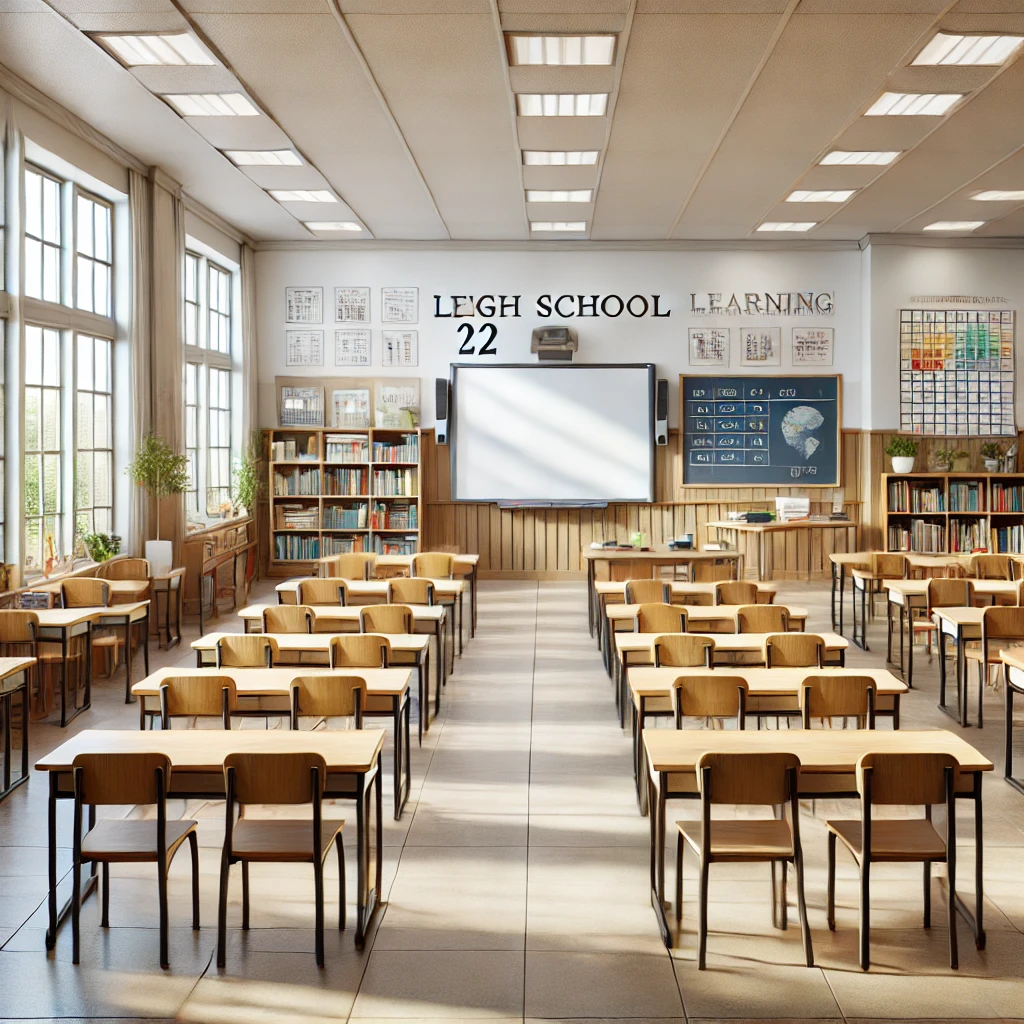 DALL·E 2025-02-19 14.35.24 - An interior view of a typical school classroom with a realistic design. The room has rows of wooden desks and chairs, a large whiteboard at the front,